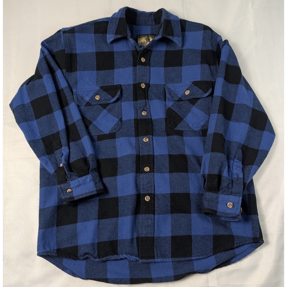 Field & Stream Vintage Blue Black Buffalo Plaid Flannel Shirt Mens Medium Cotton
